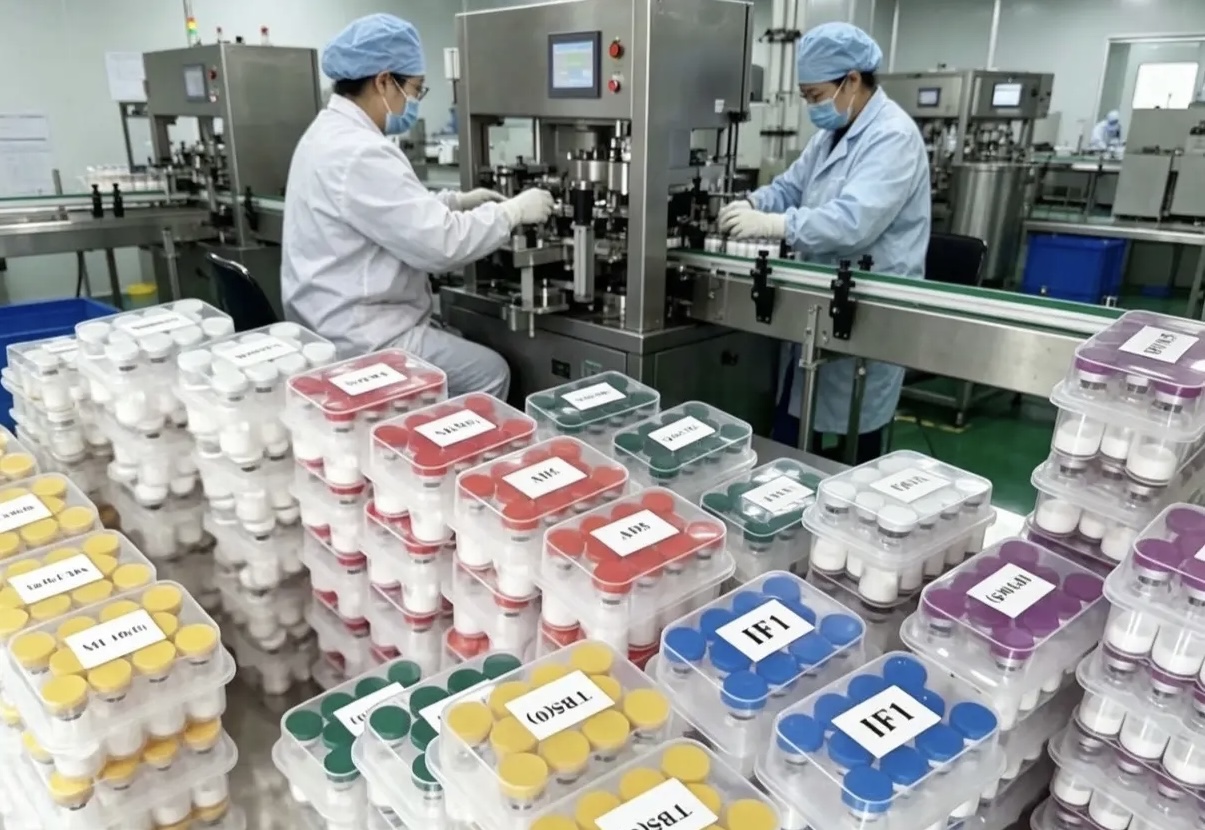Masked staff operating vial packaging equipment beside boxed vials